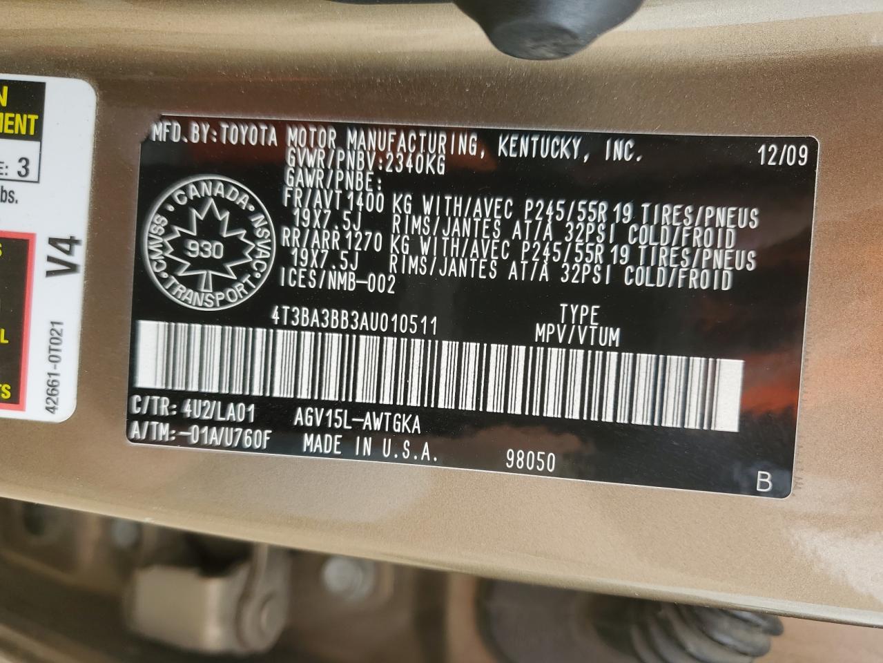 2010 Toyota Venza VIN: 4T3BA3BB3AU010511 Lot: 64734205