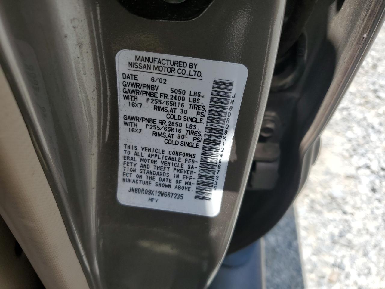 2002 Nissan Pathfinder Le VIN: JN8DR09X12W667235 Lot: 63386025