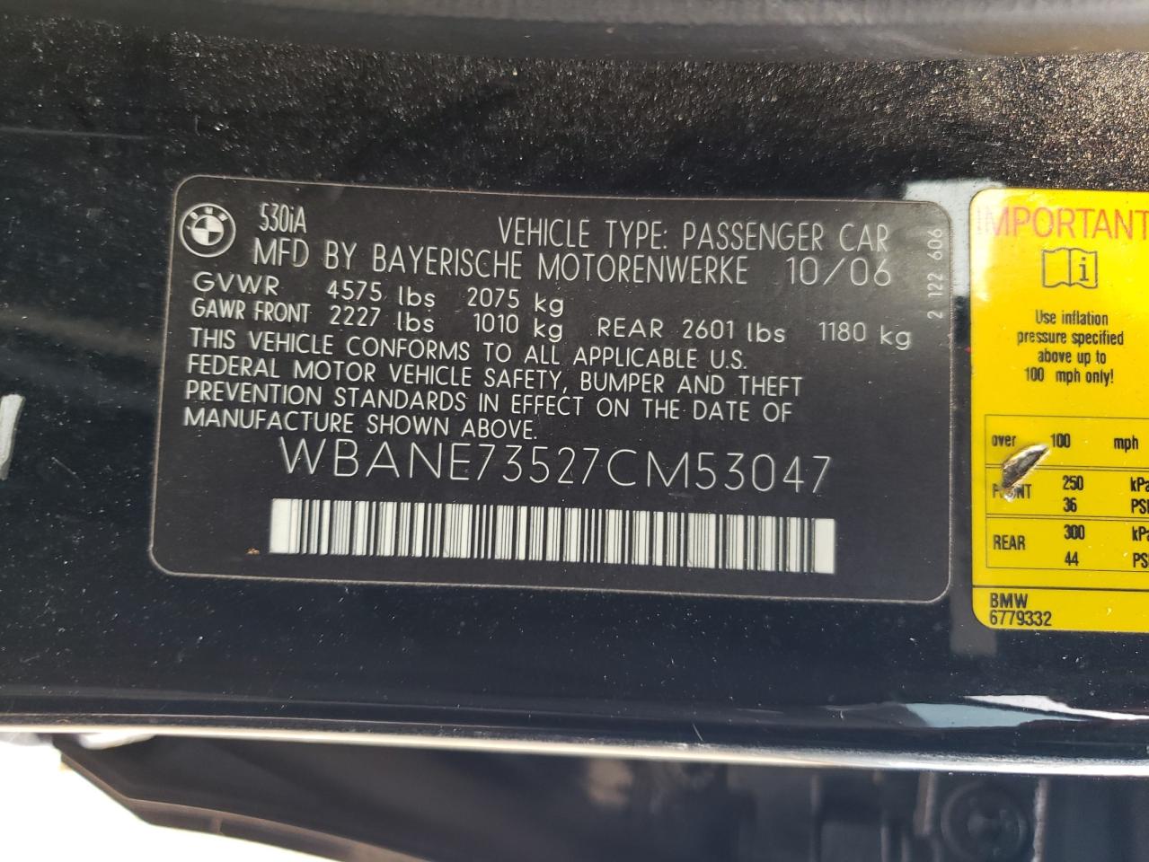 2007 BMW 530 I VIN: WBANE73527CM53047 Lot: 64513435