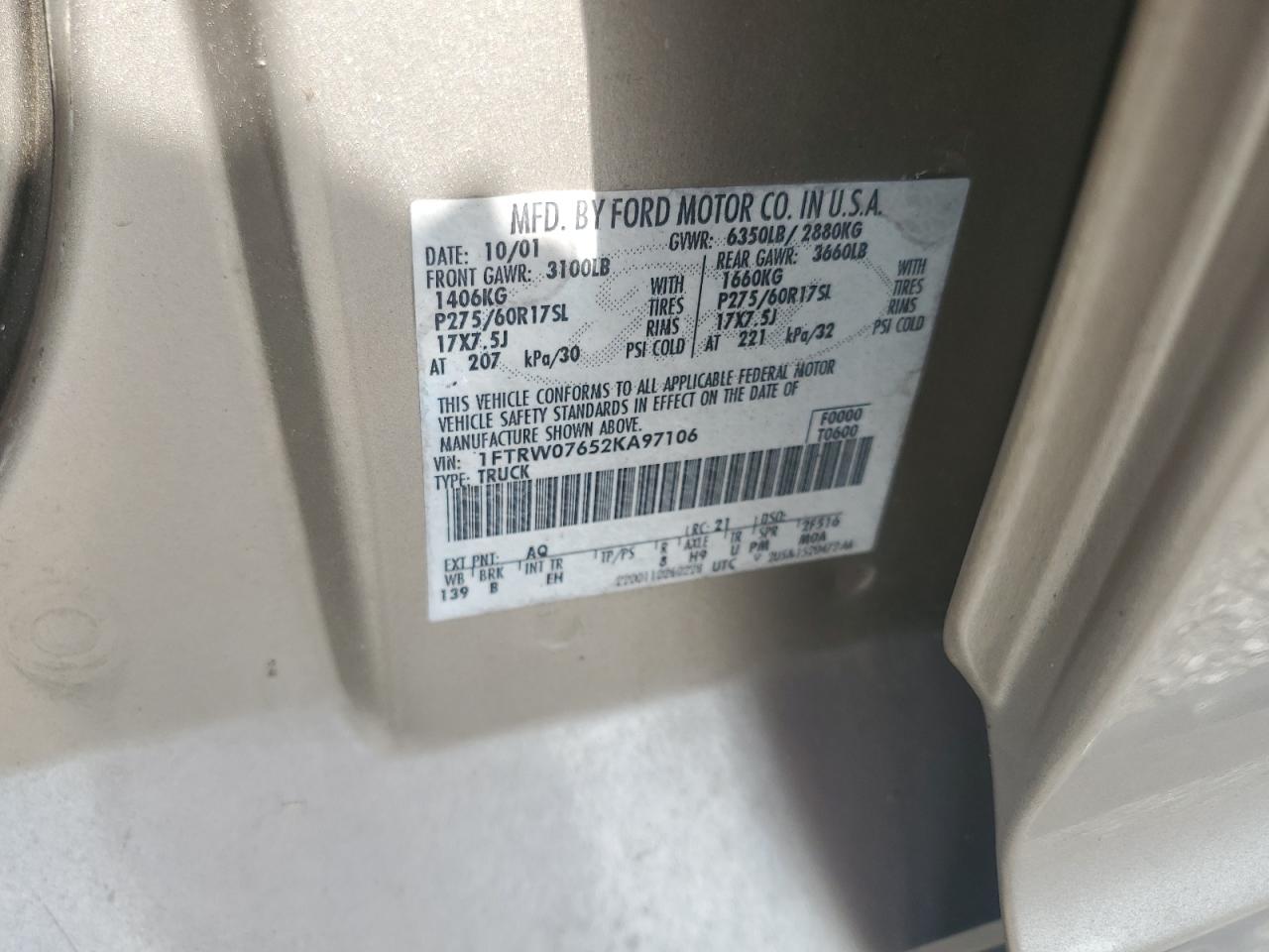 2002 Ford F150 Supercrew VIN: 1FTRW07652KA97106 Lot: 64258685