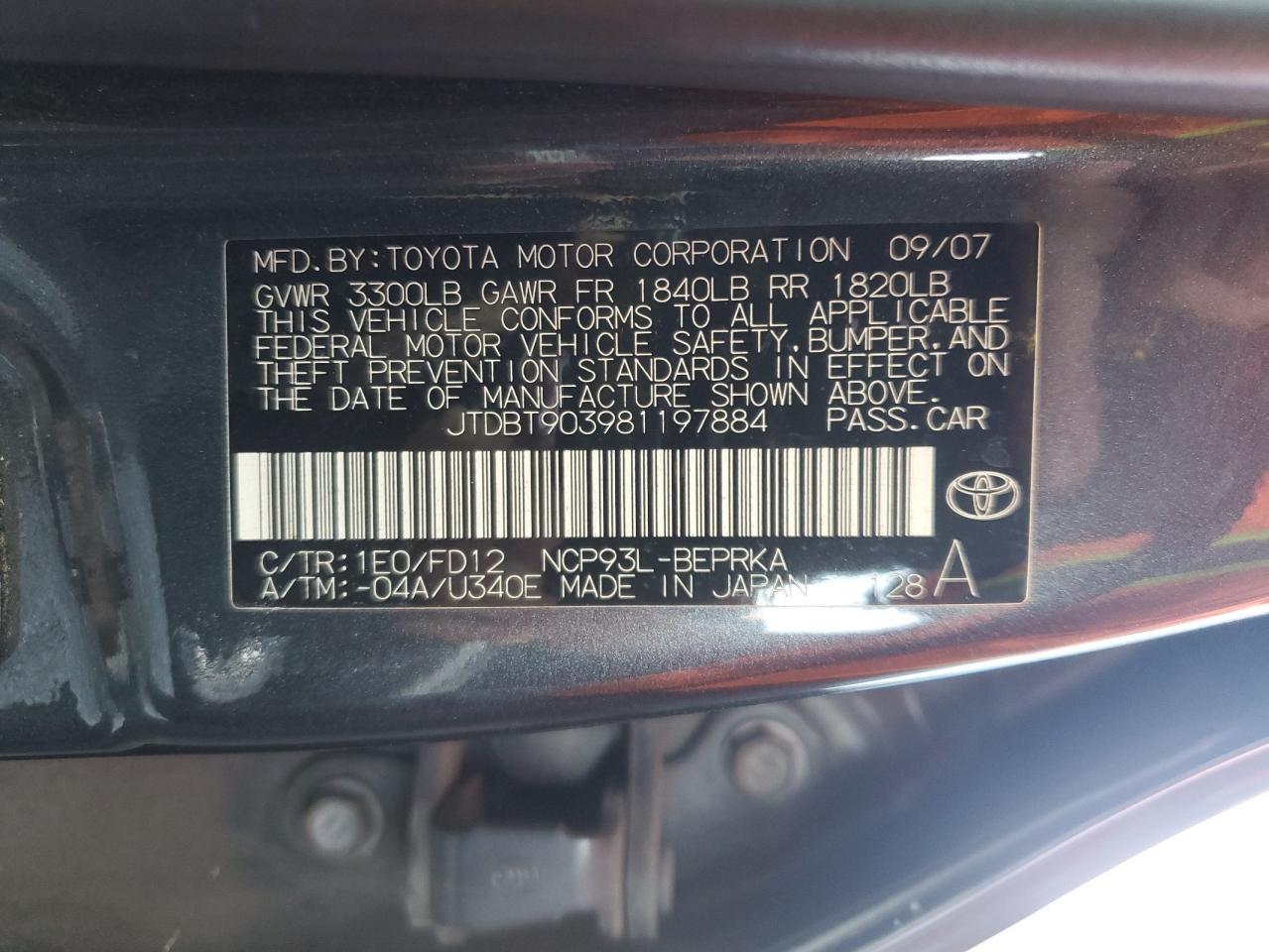 2008 Toyota Yaris VIN: JTDBT903981197884 Lot: 64622755