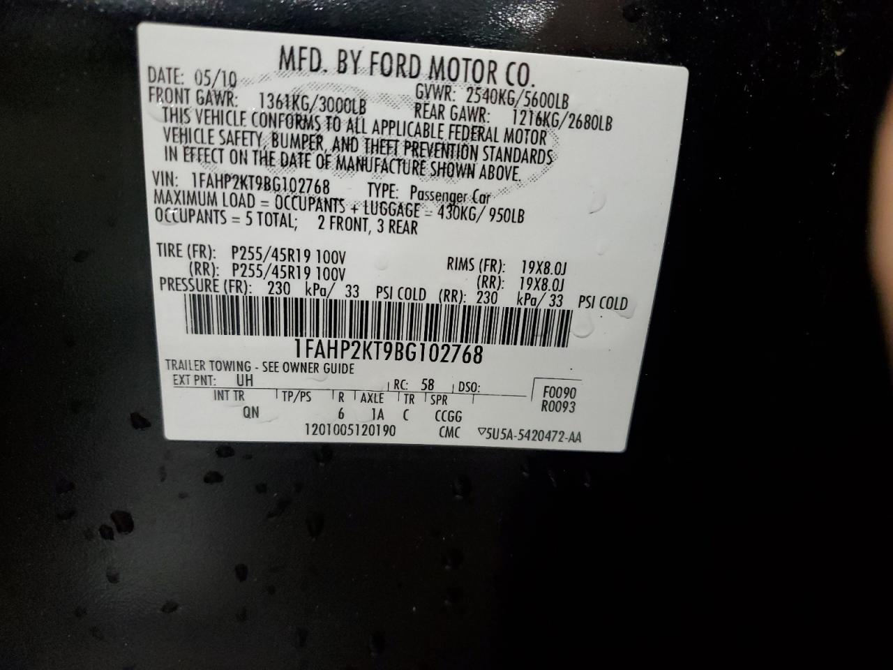 2011 Ford Taurus Sho VIN: 1FAHP2KT9BG102768 Lot: 64282555