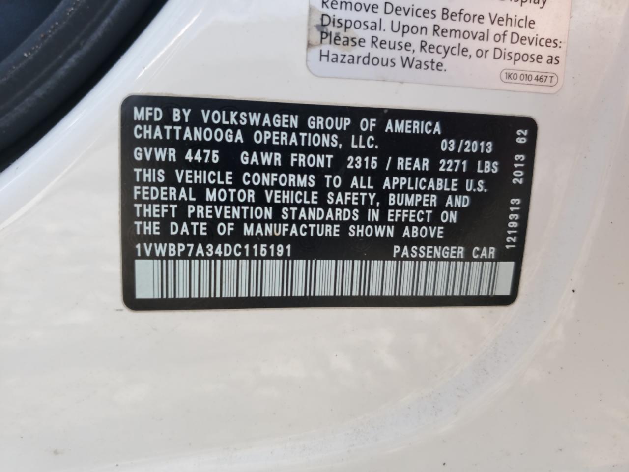 2013 Volkswagen Passat Se VIN: 1VWBP7A34DC115191 Lot: 63294815