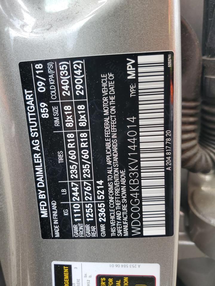 2019 Benz Glc 300 4Matic VIN: WDC0G4KB3KV144014 Lot: 62180805