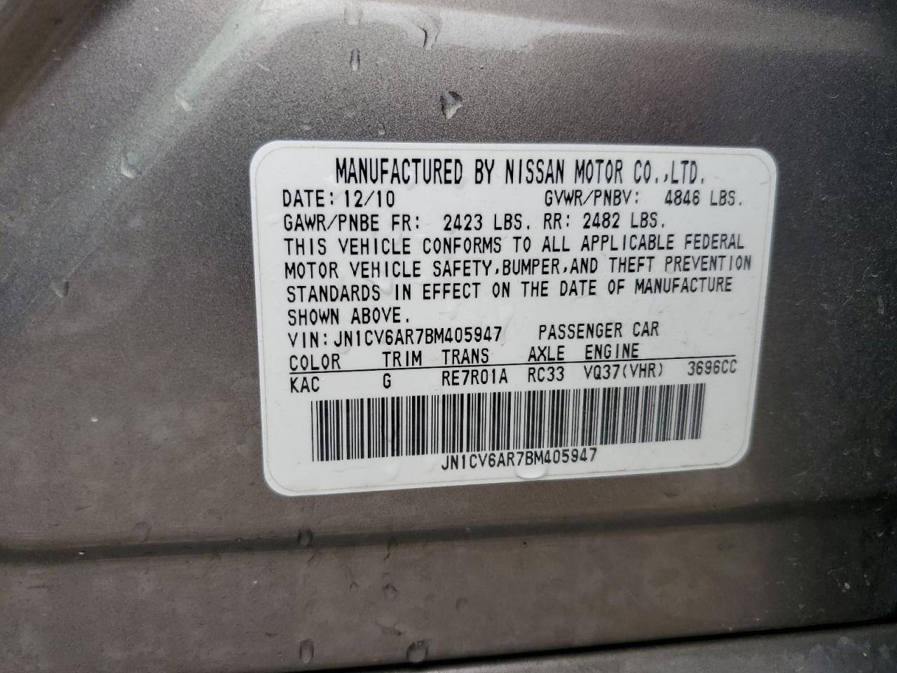 2011 Infiniti G37 VIN: JN1CV6AR7BM405947 Lot: 65430185