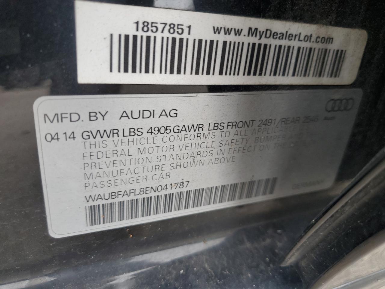 2014 Audi A4 Premium VIN: WAUBFAFL8EN041787 Lot: 64084175