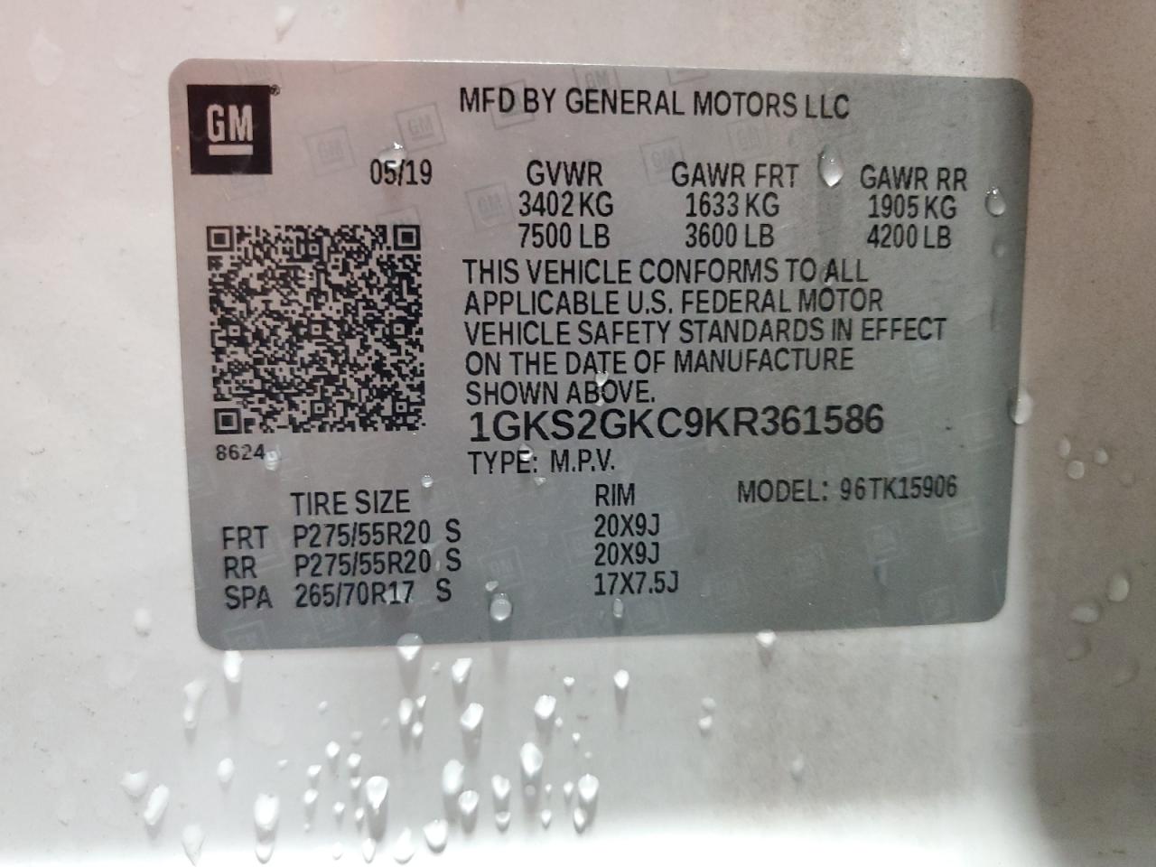 2019 GMC Yukon Xl K1500 Slt VIN: 1GKS2GKC9KR361586 Lot: 63251695