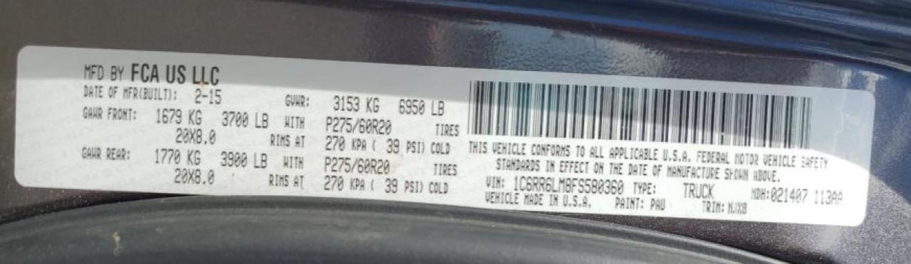 2015 Ram 1500 Slt VIN: 1C6RR6LM8FS580360 Lot: 63853085