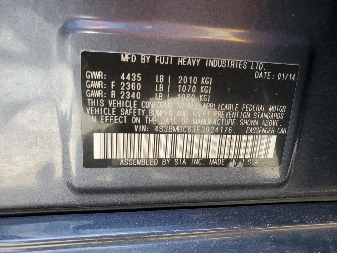 2014 Subaru Legacy 2.5I Premium VIN: 4S3BMBC63E3024176 Lot: 63750305