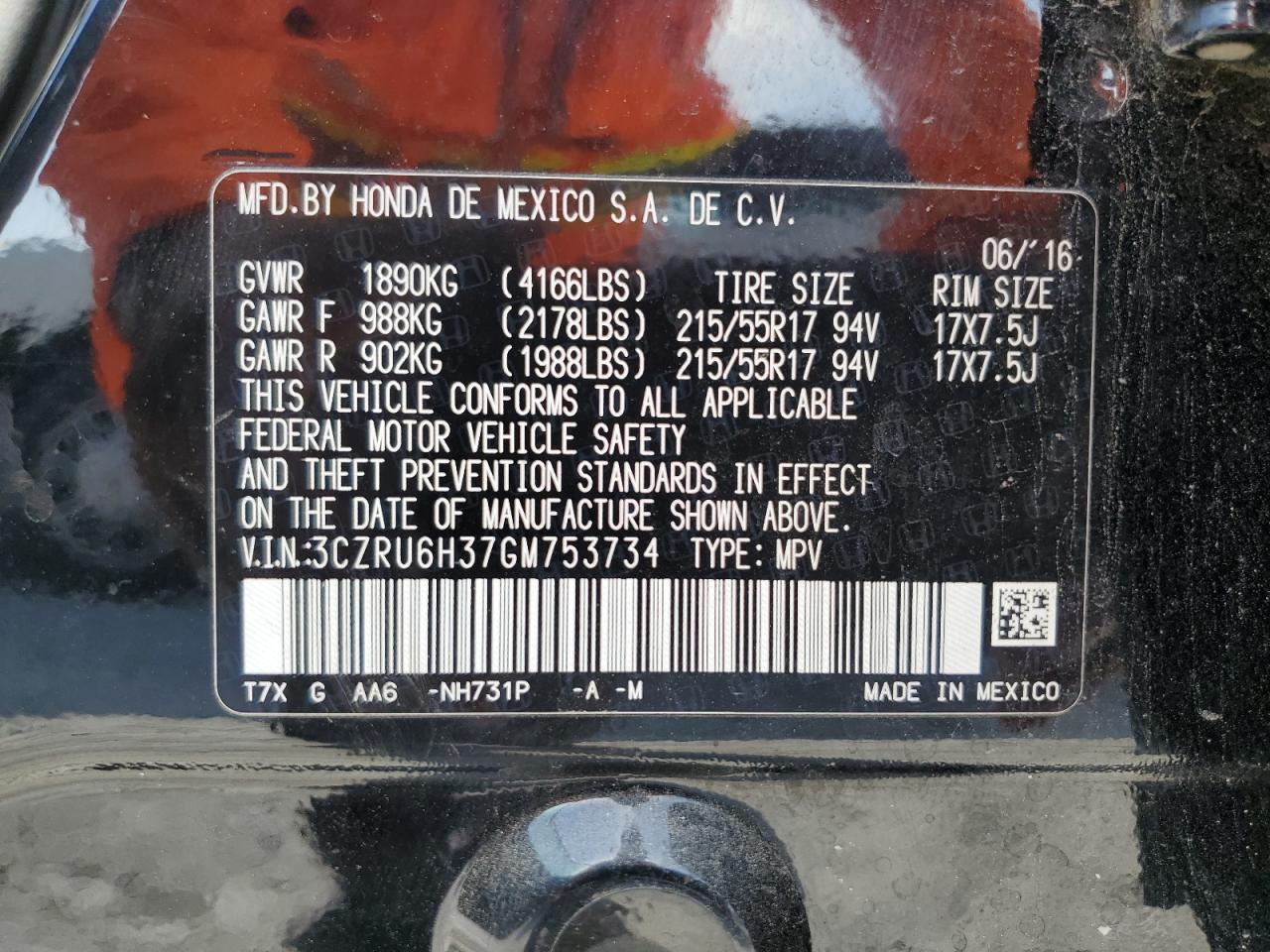 2016 Honda Hr-V Lx VIN: 3CZRU6H37GM753734 Lot: 66544385