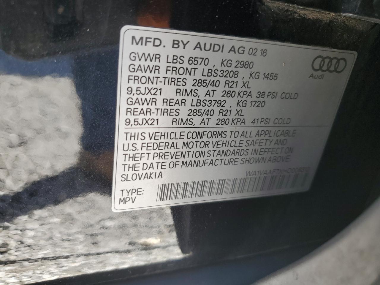 2017 Audi Q7 Prestige VIN: WA1VAAF7XHD008313 Lot: 64406235