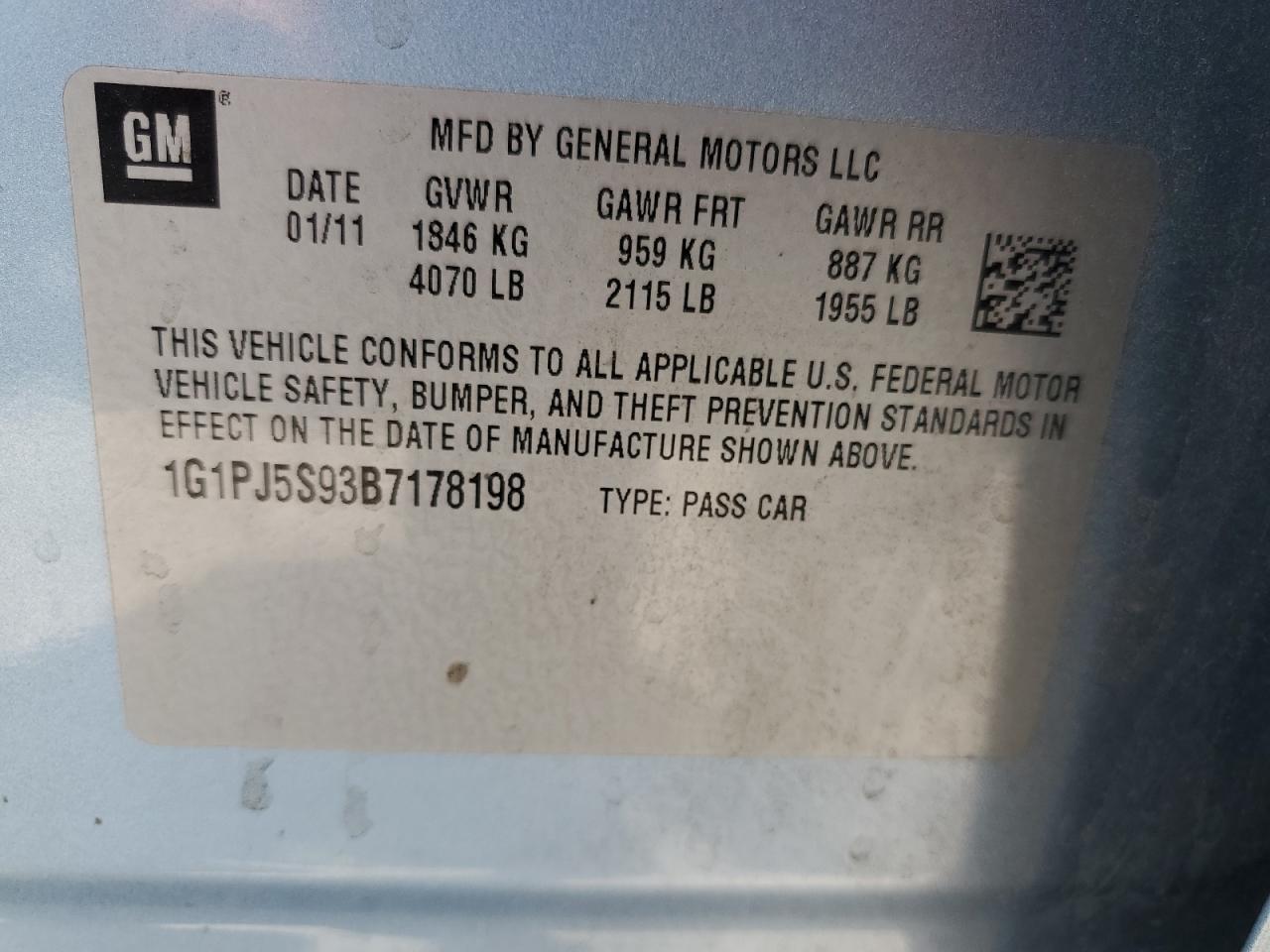 2011 Chevrolet Cruze Eco VIN: 1G1PJ5S93B7178198 Lot: 65217065