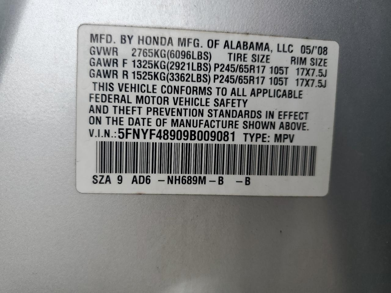 2009 Honda Pilot Touring VIN: 5FNYF48909B009081 Lot: 64618195