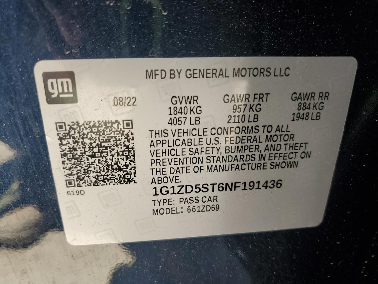 1g1zd5st6nf191436 1G1ZD5ST6NF191436 2022 Chevrolet Malibu Lt