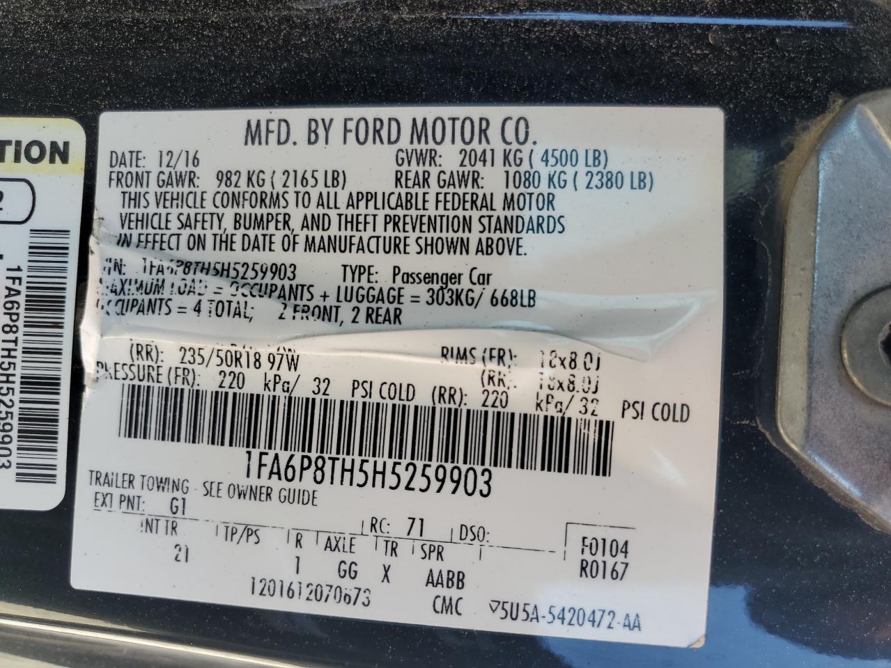 2017 Ford Mustang VIN: 1FA6P8TH5H5259903 Lot: 62885975