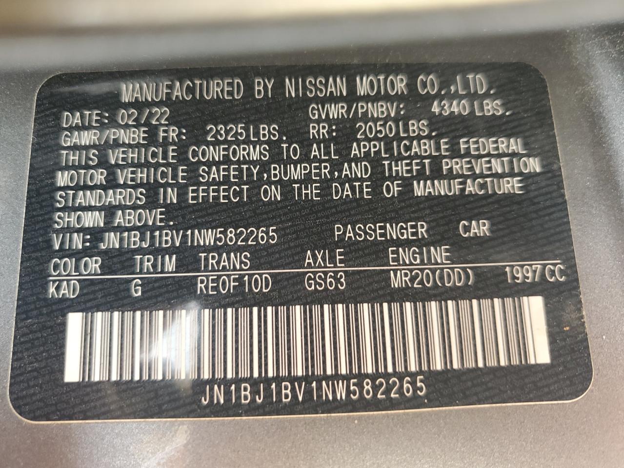 2022 Nissan Rogue Sport Sv VIN: JN1BJ1BV1NW582265 Lot: 64997605