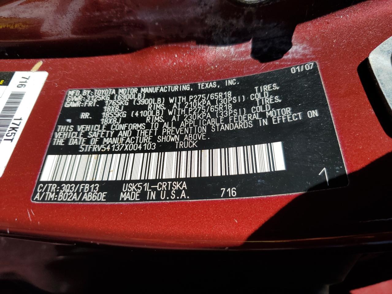 2007 Toyota Tundra Double Cab Sr5 VIN: 5TFRV54137X004103 Lot: 65232965