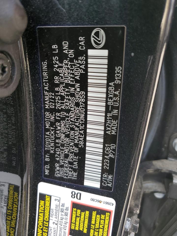 2022 Lexus Es 300H Base VIN: 58AEA1C13NU017859 Lot: 63310405