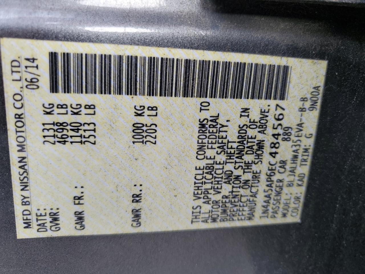 2014 Nissan Maxima S VIN: 1N4AA5AP6EC484567 Lot: 64619685