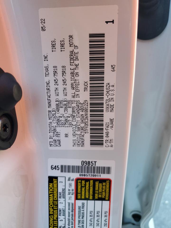 2022 Toyota Tundra Double Cab Sr VIN: 5TFKB5CD6NX001229 Lot: 64308775