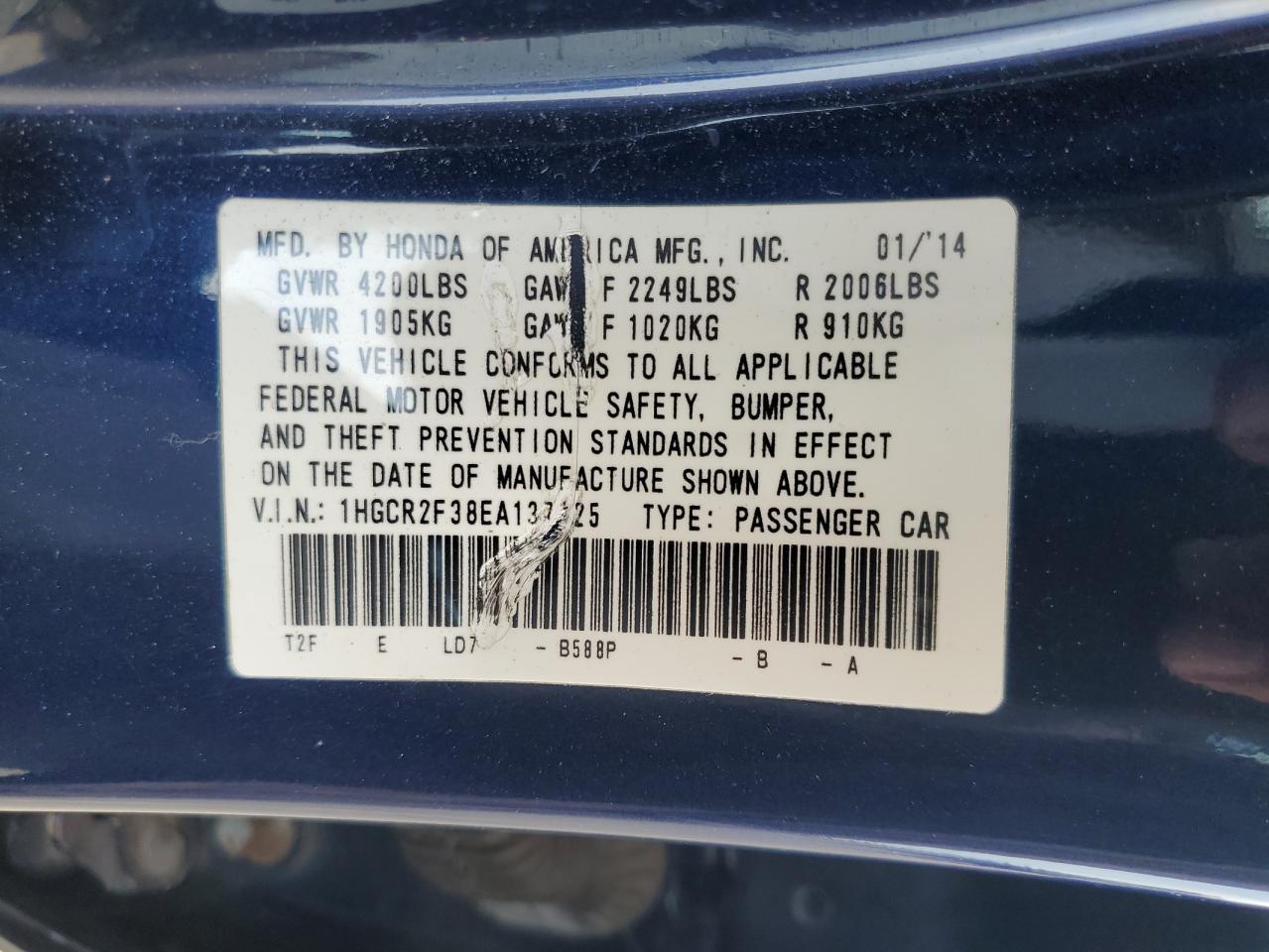 2014 Honda Accord Lx VIN: 1HGCR2F38EA137125 Lot: 64147865