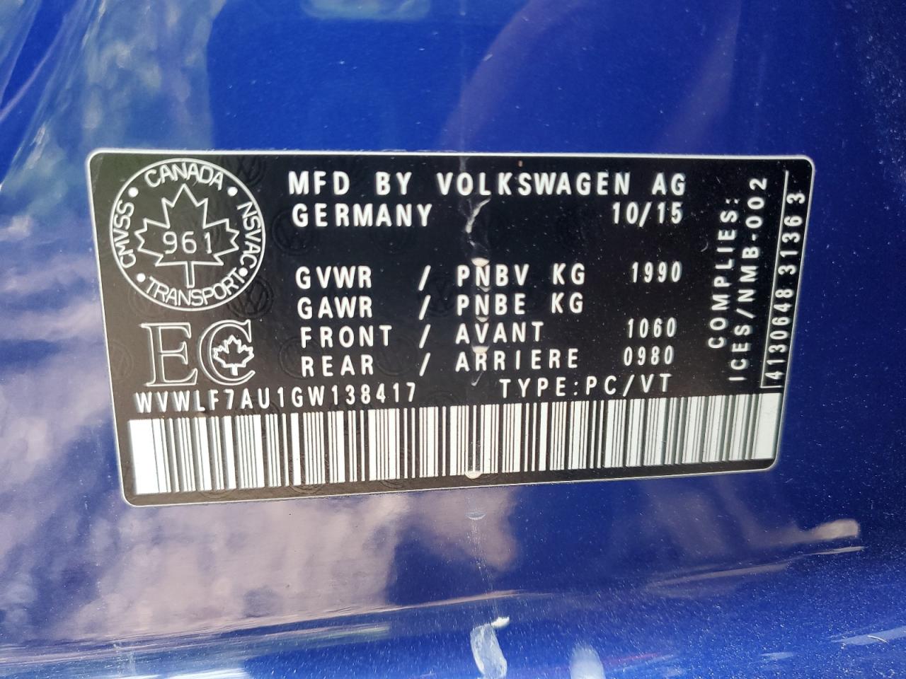 2016 Volkswagen Golf R VIN: WVWLF7AU1GW138417 Lot: 64014595