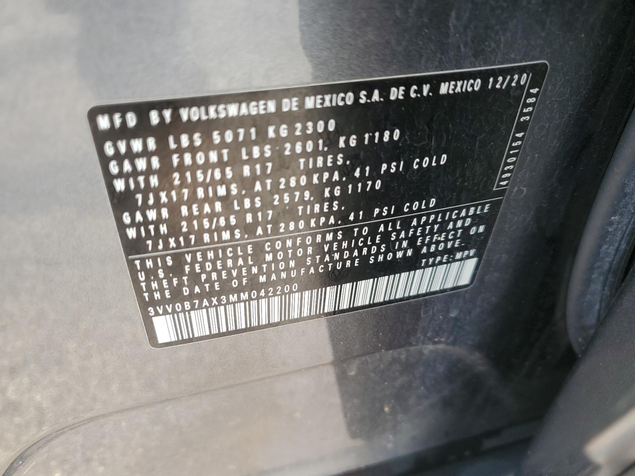 2021 Volkswagen Tiguan S VIN: 3VV0B7AX3MM042200 Lot: 64247275