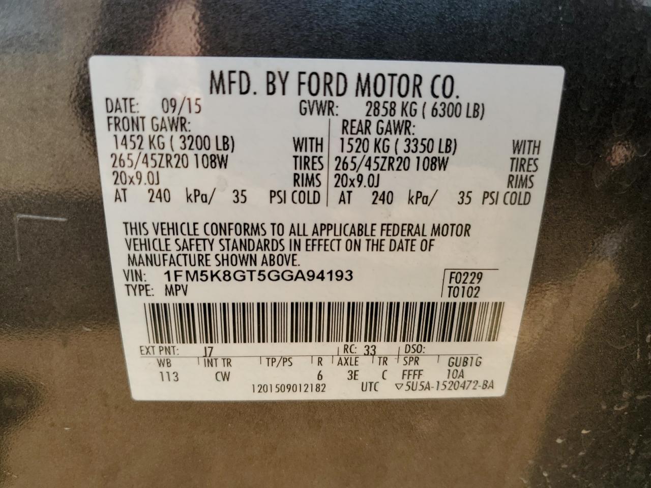 2016 Ford Explorer Sport VIN: 1FM5K8GT5GGA94193 Lot: 63840315
