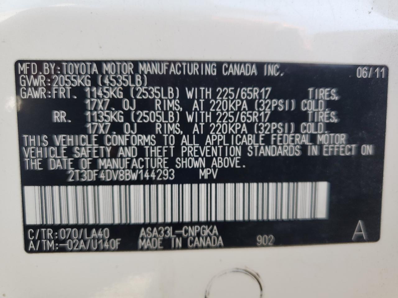 2011 Toyota Rav4 Limited VIN: 2T3DF4DV8BW144293 Lot: 64387625