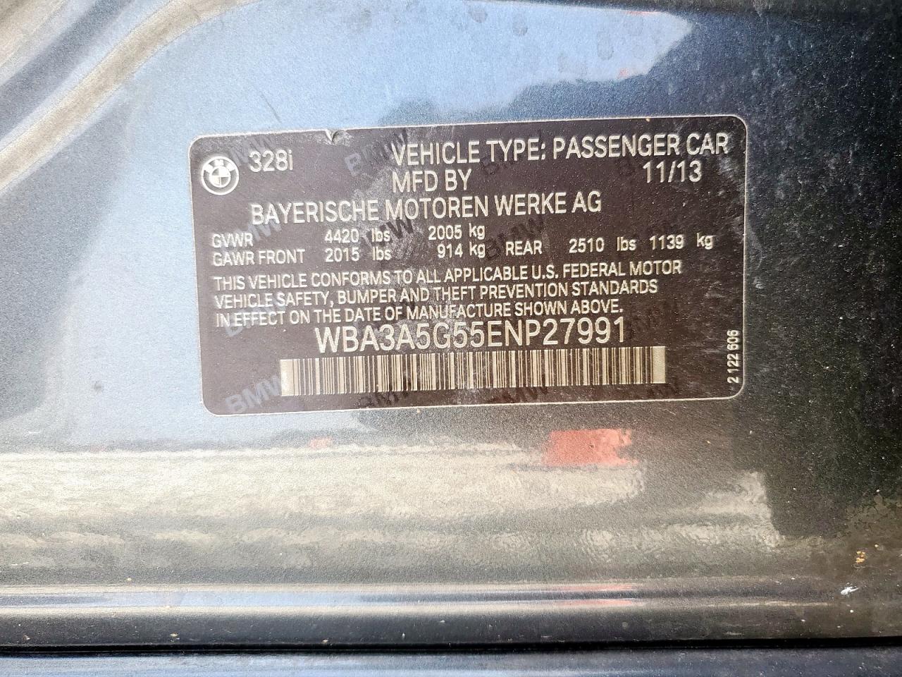 2014 BMW 328 I VIN: WBA3A5G55ENP27991 Lot: 65222725