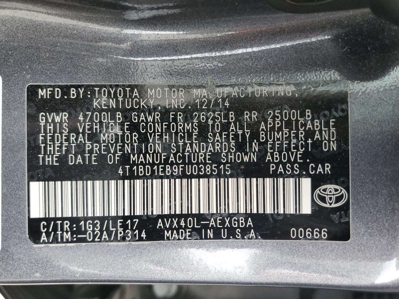 2015 Toyota Avalon Hybrid VIN: 4T1BD1EB9FU038515 Lot: 64552035