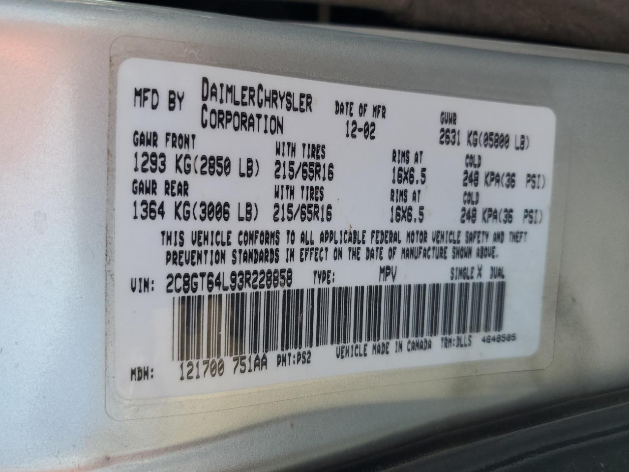 2003 Chrysler Town & Country Limited VIN: 2C8GT64L93R228858 Lot: 66342125