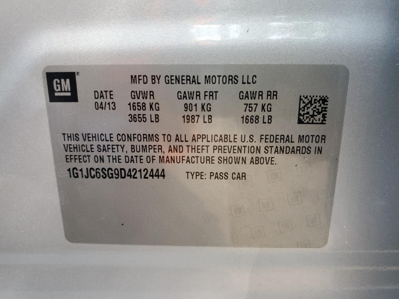 2013 Chevrolet Sonic Lt VIN: 1G1JC6SG9D4212444 Lot: 63644885