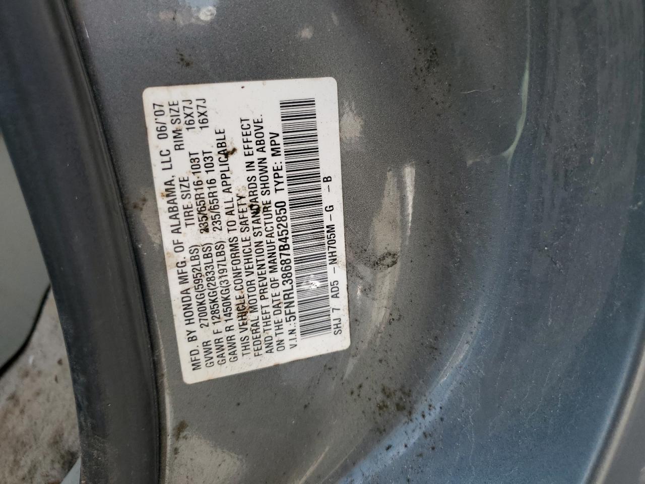 2007 Honda Odyssey Exl VIN: 5FNRL38687B452850 Lot: 64842975