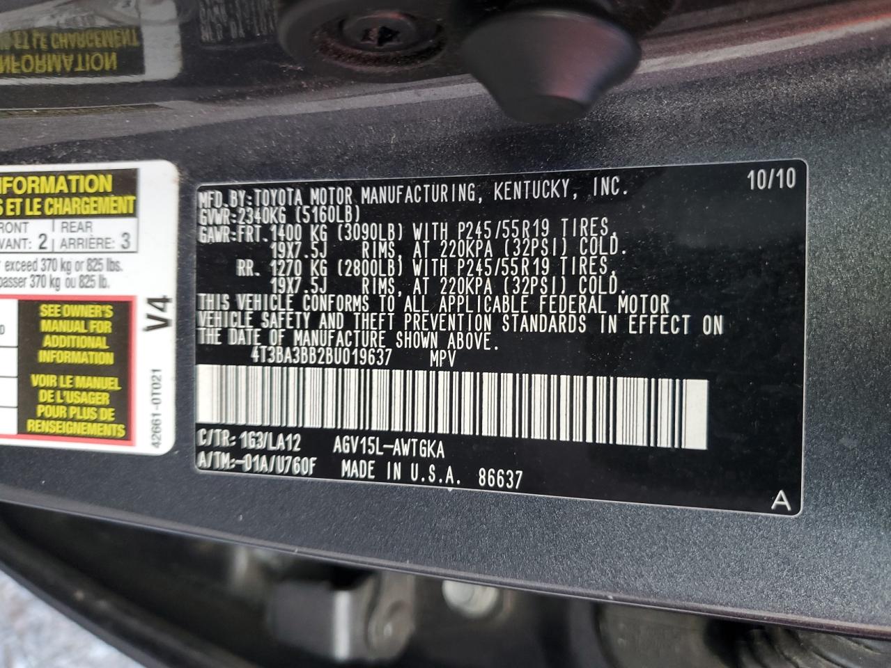 2011 Toyota Venza VIN: 4T3BA3BB2BU019637 Lot: 63603825