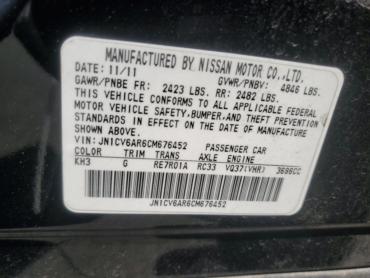 2012 Infiniti G37 VIN: JN1CV6AR6CM676452 Lot: 63734255