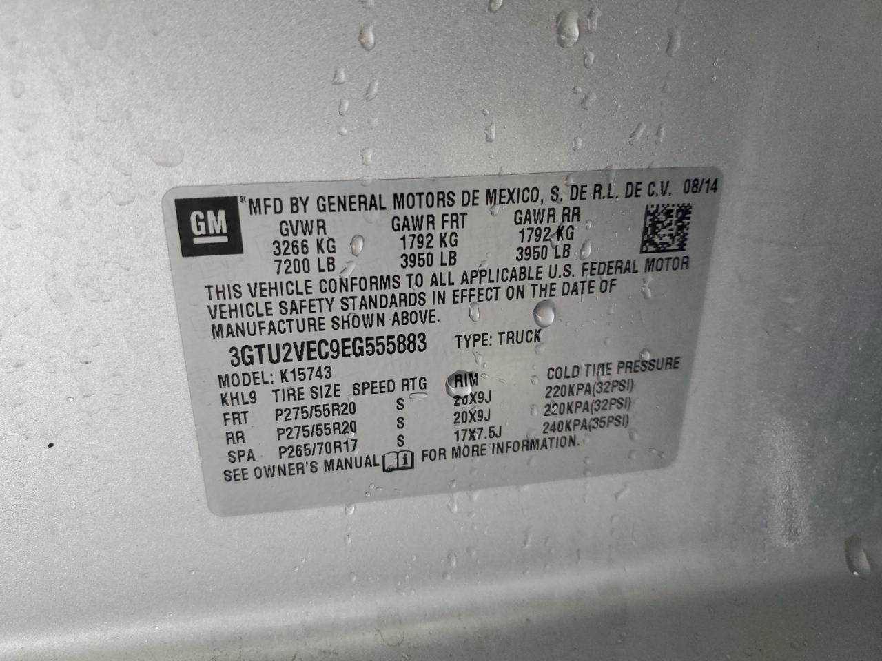 2014 GMC Sierra K1500 Slt VIN: 3GTU2VEC9EG555883 Lot: 66344675