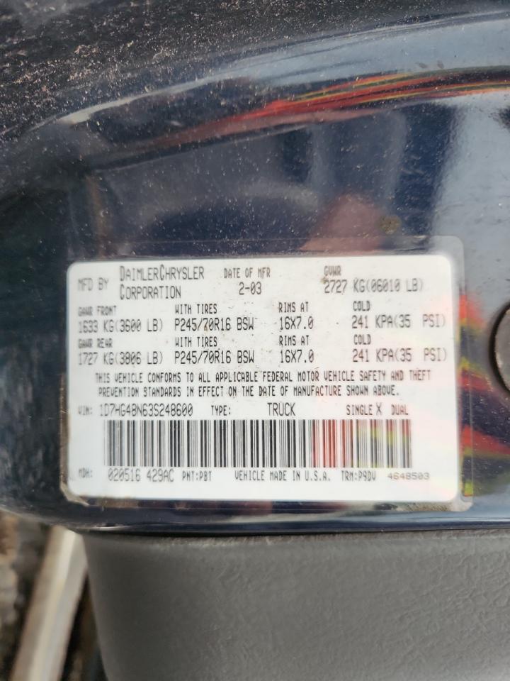2003 Dodge Dakota Quad Slt VIN: 1D7HG48N63S248600 Lot: 62888585