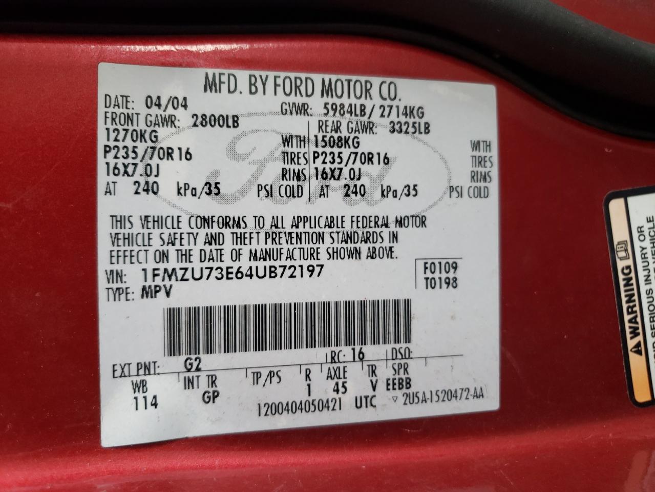 2004 Ford Explorer Xlt VIN: 1FMZU73E64UB72197 Lot: 63050755