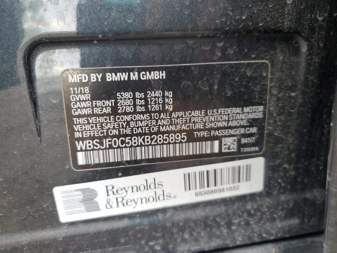 2019 BMW M5 VIN: WBSJF0C58KB285895 Lot: 66127735