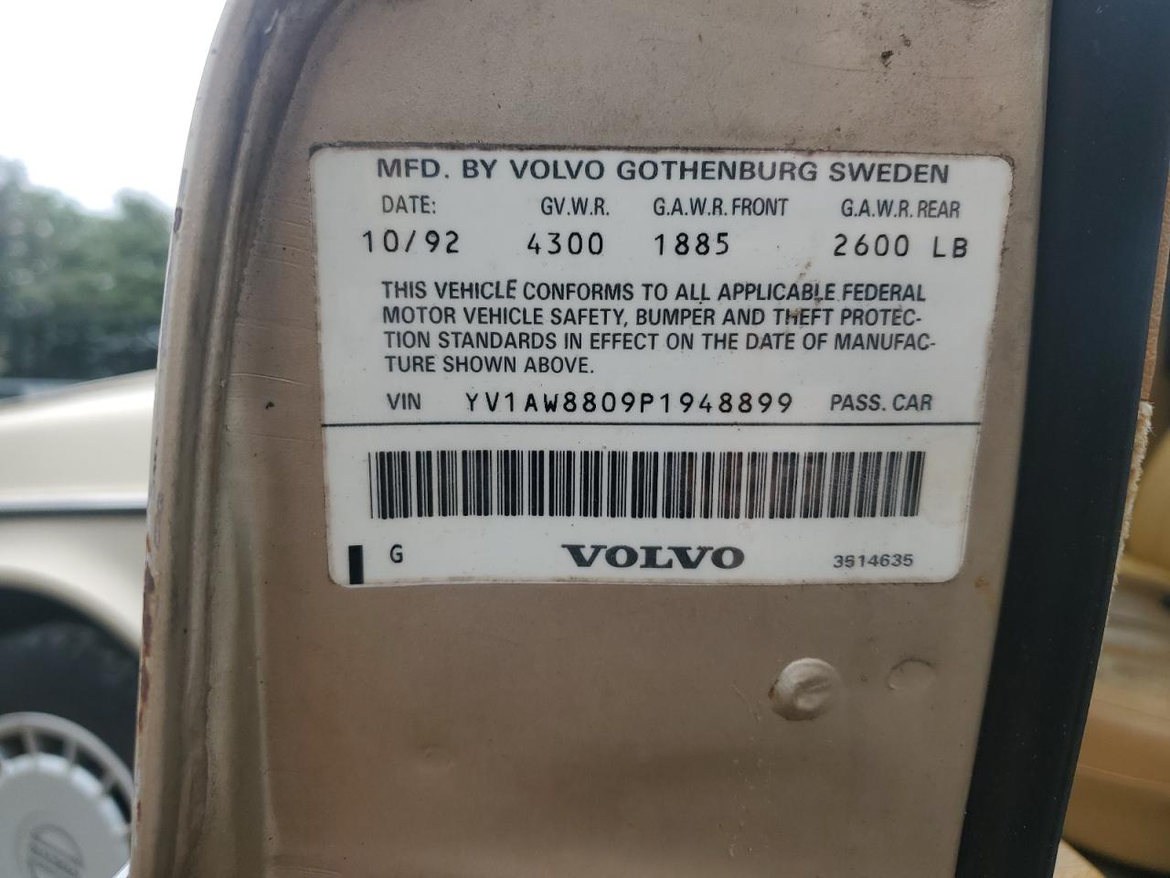 1993 Volvo 240 VIN: YV1AW8809P1948899 Lot: 62819625
