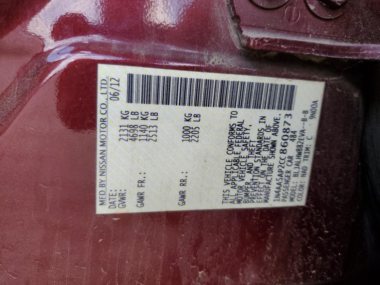 2012 Nissan Maxima S VIN: 1N4AA5AP2CC860873 Lot: 65456365