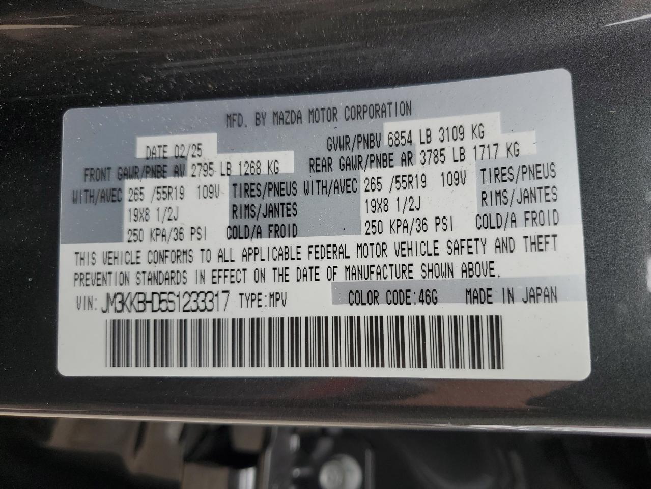 2025 Mazda Cx-90 Preferred VIN: JM3KKBHD5S1233317 Lot: 64309715