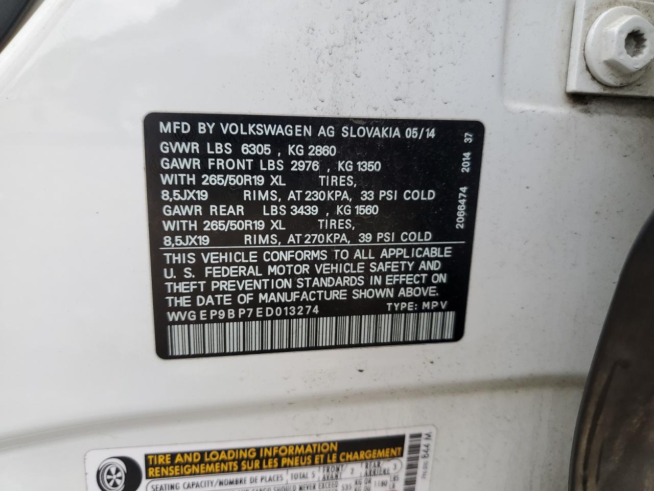 2014 Volkswagen Touareg V6 Tdi VIN: WVGEP9BP7ED013274 Lot: 64369745