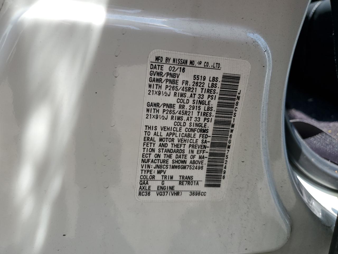 2016 Infiniti Qx70 VIN: JN8CS1MW6GM752496 Lot: 63445345
