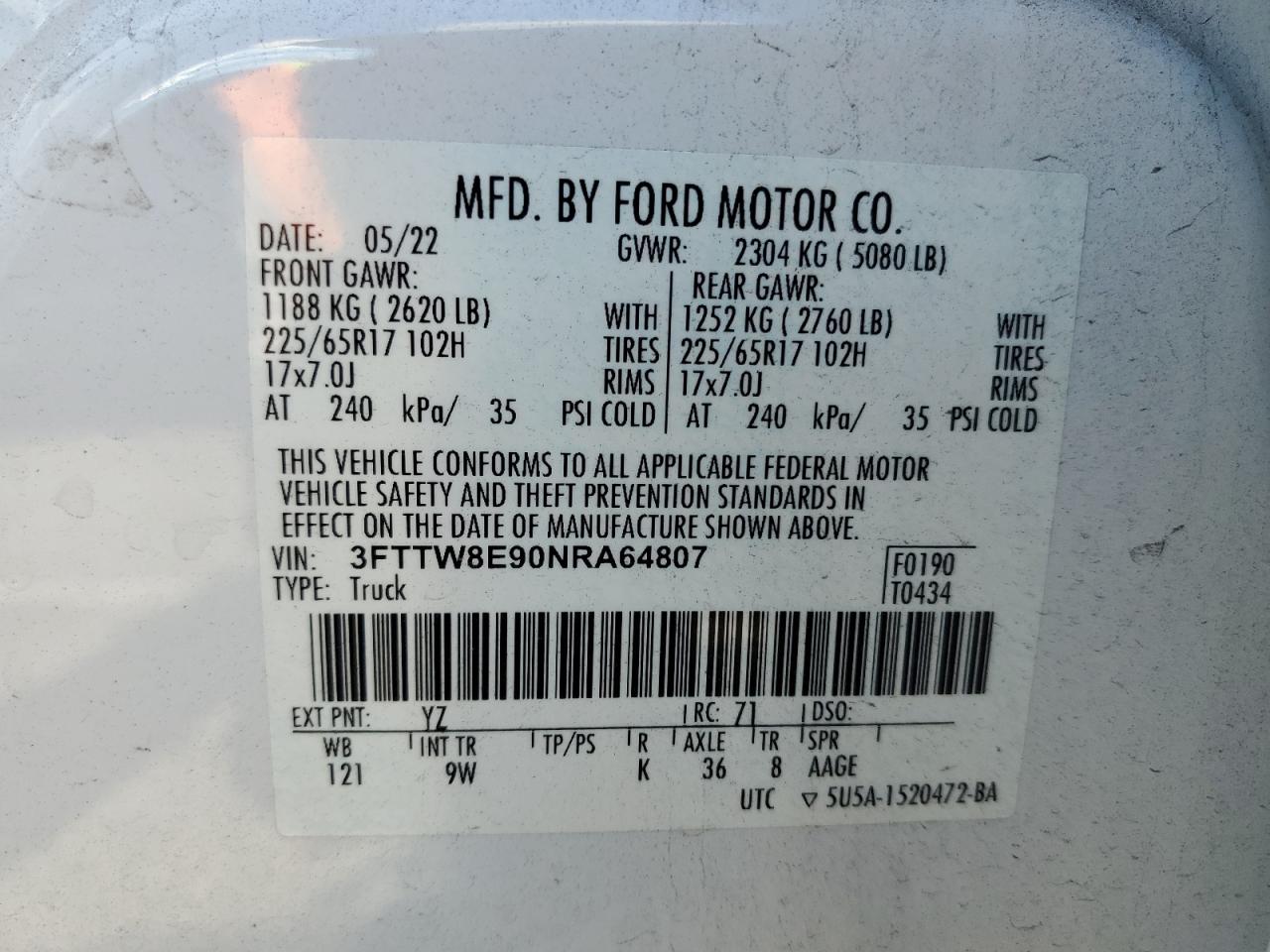 2022 Ford Maverick Xl VIN: 3FTTW8E90NRA64807 Lot: 65942835