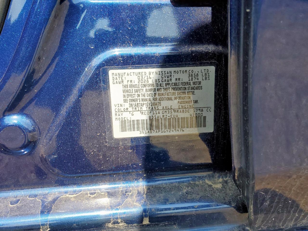 2016 Nissan Sentra S VIN: 3N1AB7AP1GY249476 Lot: 64774265