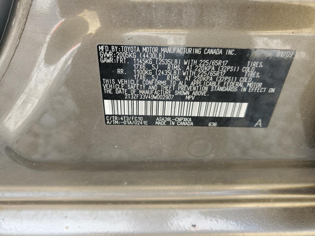 2009 Toyota Rav4 VIN: 2T3ZF33V49W002907 Lot: 65445775