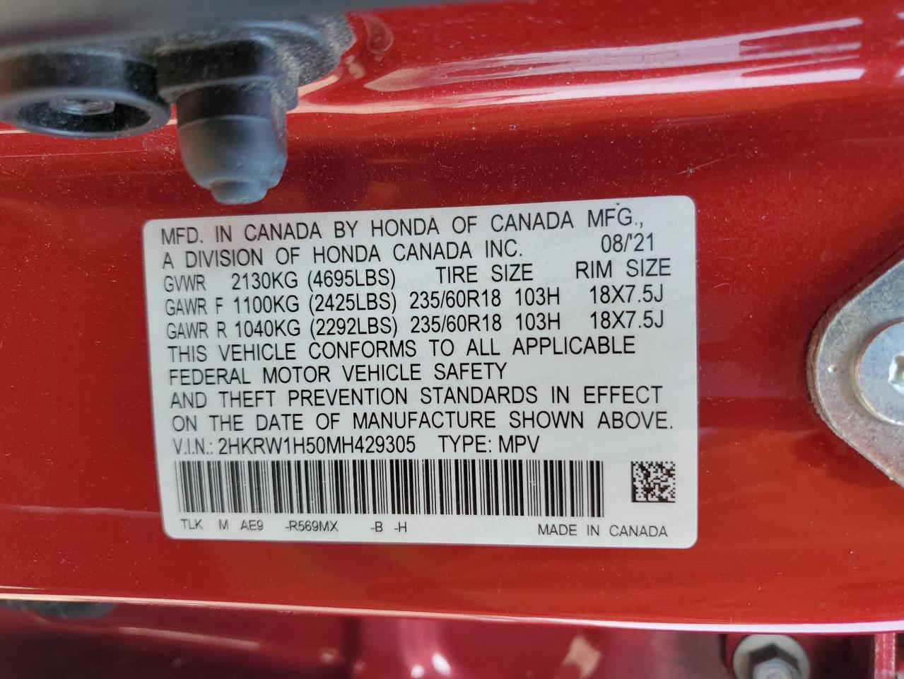 2021 Honda Cr-V Ex VIN: 2HKRW1H50MH429305 Lot: 62760675