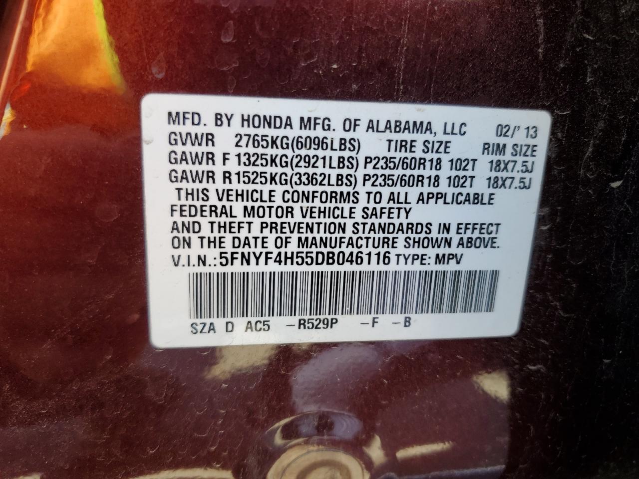 2013 Honda Pilot Exl VIN: 5FNYF4H55DB046116 Lot: 65079835